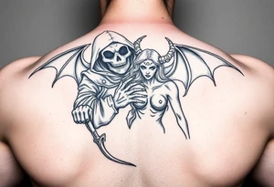 Grim reaper protecting female demon tattoo idea