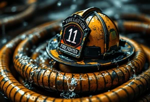 A firefighter’s helmet resting on a coiled fire hose, with water droplets trickling down and subtle reflections in the brass nozzle. tattoo idea