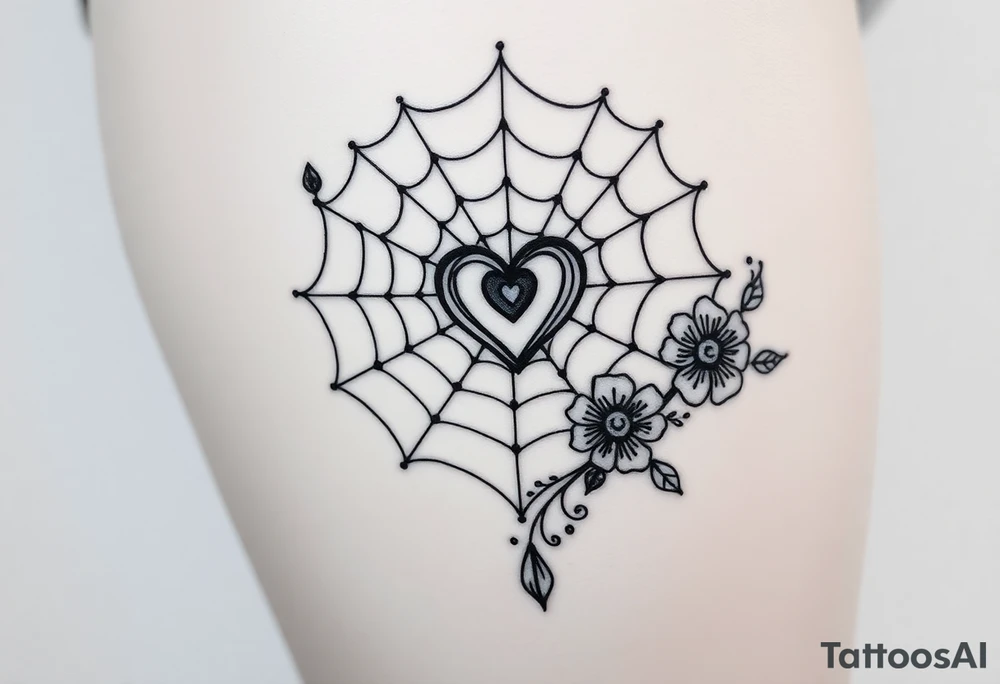 spiderweb with heart and flowers tattoo idea