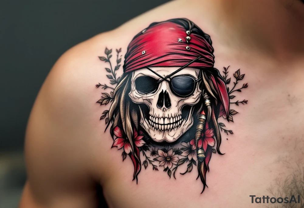 A detailed pirate skull wearing a red bandana and an eye patch, with a rugged expression. The skull is surrounded by intricate floral motifs, with a distressed, aged look that reflects Jack Sparrow's adventurous life.Bold red for the bandana, ivory white for the skull, dark brown and black for the details, and subtle green vines. tattoo idea