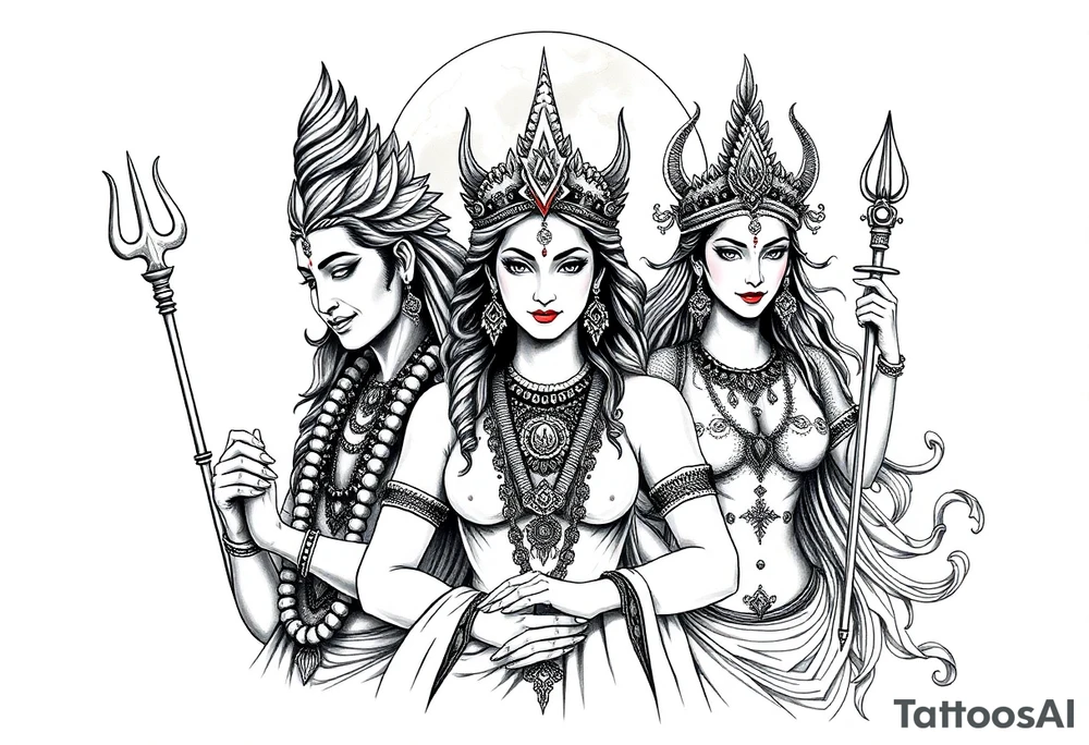 Lord Shiva, Godess Kali, Godess Lilith Together with the moon in the background tattoo idea