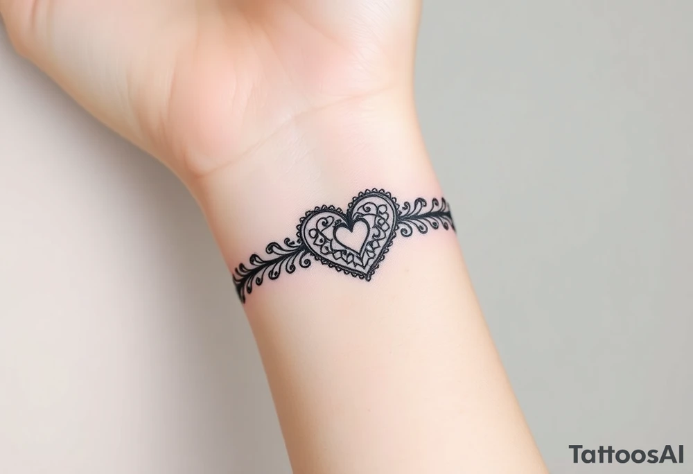A heart-shaped lace pattern bracelet in black and silver, with a delicate filigree border tattoo idea