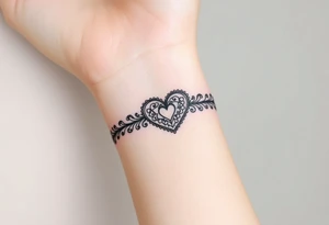 A heart-shaped lace pattern bracelet in black and silver, with a delicate filigree border tattoo idea
