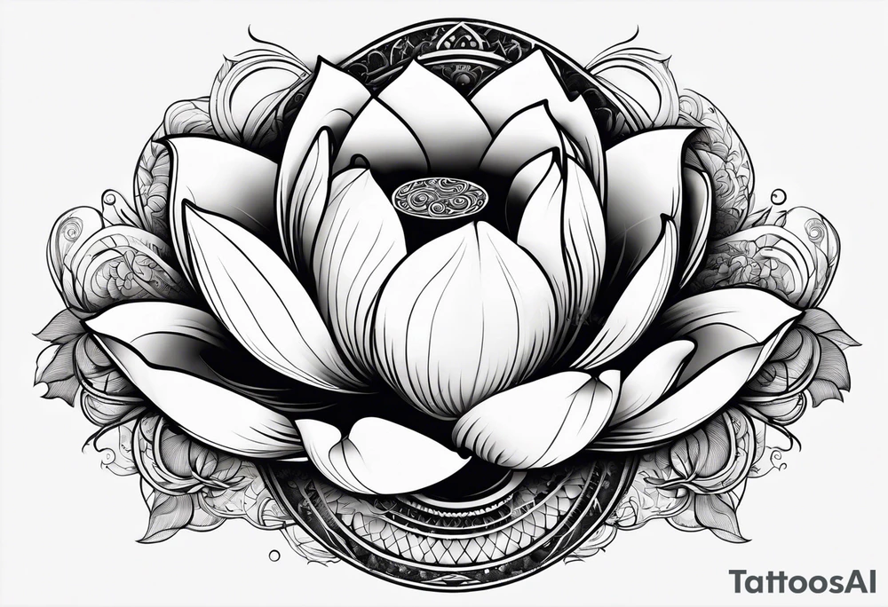a masculine line drawing of a lotus flower with a yin yang in the flower tattoo idea
