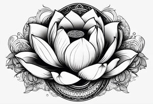 a masculine line drawing of a lotus flower with a yin yang in the flower tattoo idea