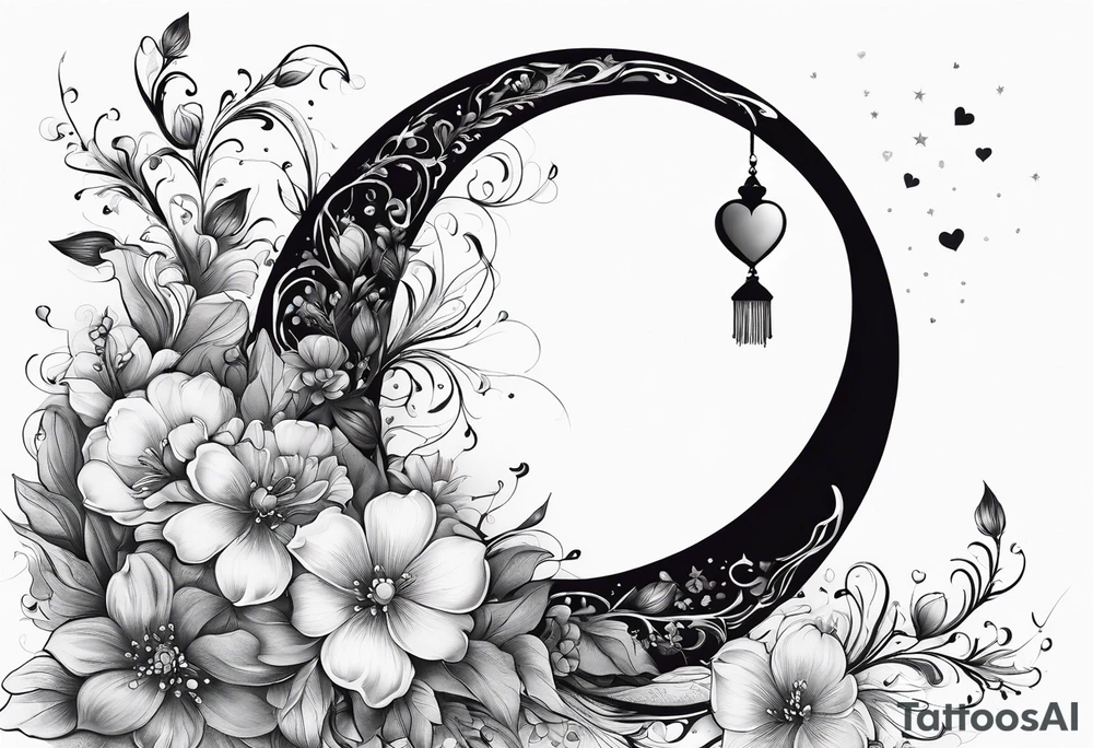 Crescent moon with a heart inside, shrouded by beautiful flowers with wisps of mist tattoo idea