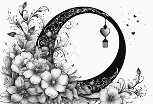 Crescent moon with a heart inside, shrouded by beautiful flowers with wisps of mist tattoo idea