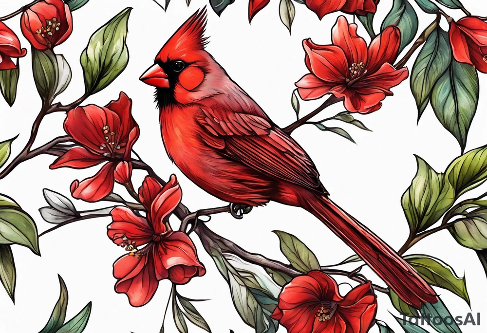 Trees, flowers, red cardinal, representing growth from grief tattoo idea