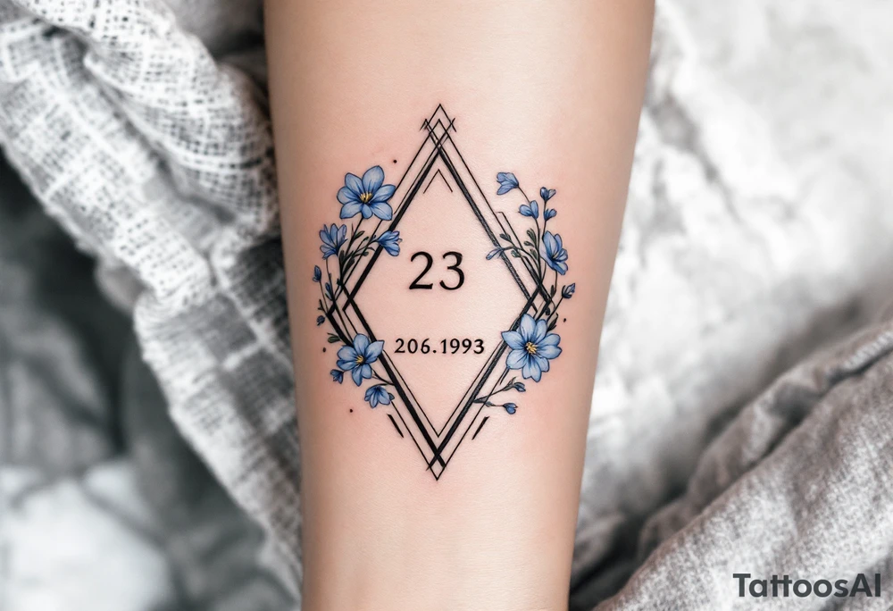 Subtle date 23.03.1993 in fine black linework, wrapped in pastel blue forget-me-nots. tattoo idea