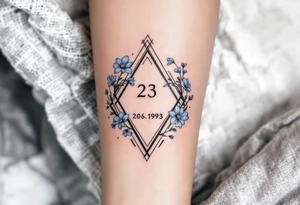 Subtle date 23.03.1993 in fine black linework, wrapped in pastel blue forget-me-nots. tattoo idea