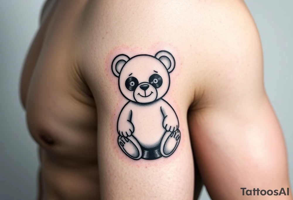 minimalist teddy bear with vinyl records as eyes smiling and sitting on a record yer tattoo idea