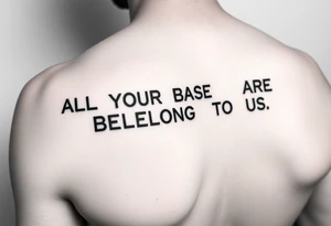 "Tattoo of a corrupted .txt file:  
Visible text: 'ALL YOUR BASE ARE BELONG TO US'  
Corrupted parts: 'IFUCK10' repeated in hex-code.  

Style: Data moshing. Black ink, forearm." tattoo idea