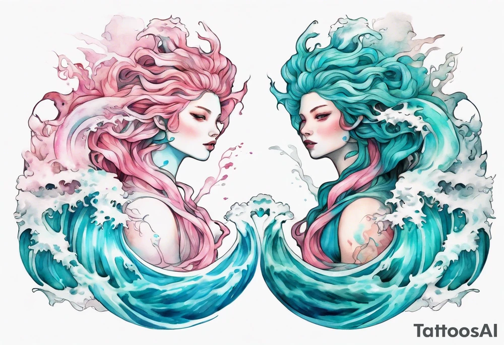a beautiful turquoise and white and pink Scylla rising from the blue waves of the ocean tattoo idea