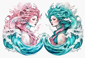 a beautiful turquoise and white and pink Scylla rising from the blue waves of the ocean tattoo idea