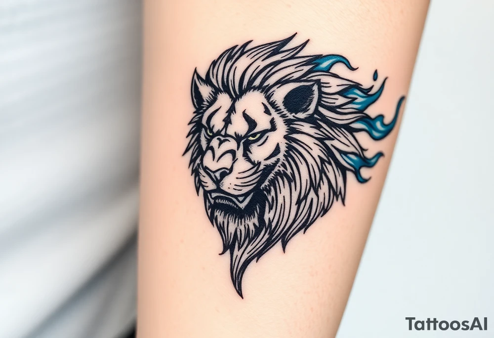 Powerful, fierce stoic lions head, whose mane turns into blue flames that swirl up my arm with blue embers tattoo idea