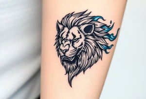 Powerful, fierce stoic lions head, whose mane turns into blue flames that swirl up my arm with blue embers tattoo idea