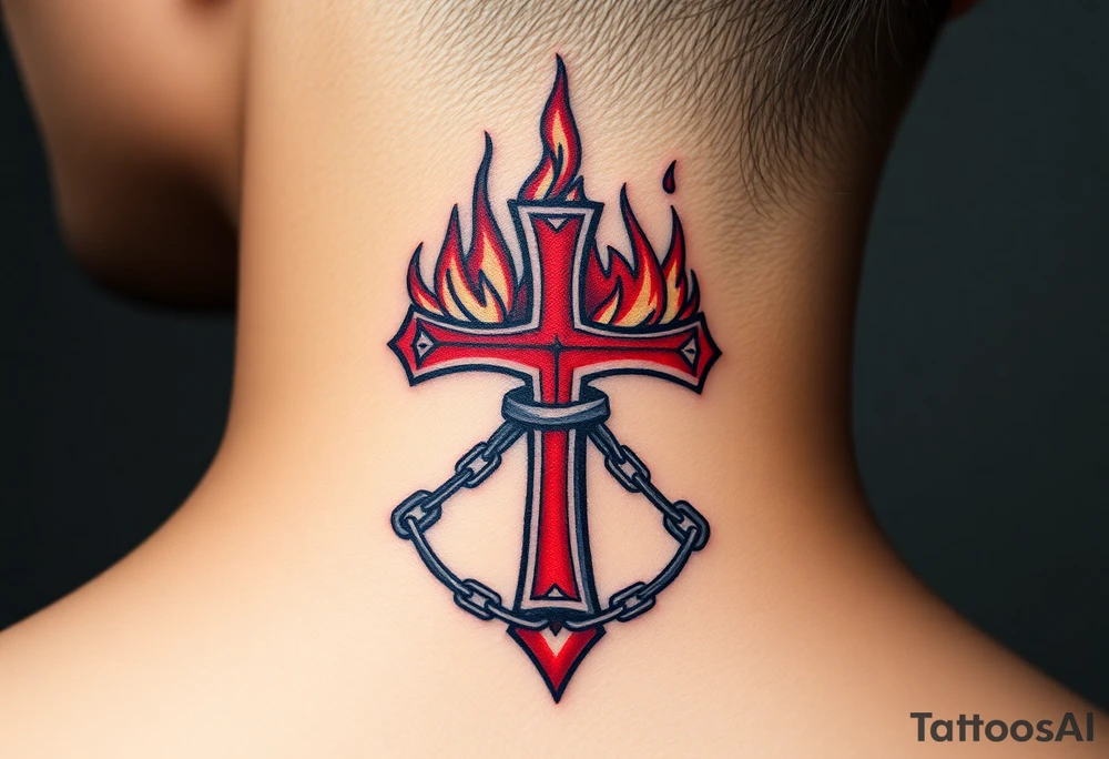 A red Maltese cross engulfed in flames, with iron chains wrapped around it, symbolizing resilience and unbreakable faith tattoo idea