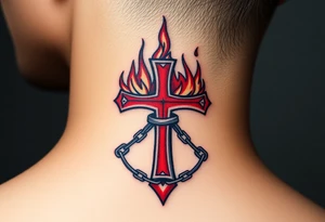 A red Maltese cross engulfed in flames, with iron chains wrapped around it, symbolizing resilience and unbreakable faith tattoo idea