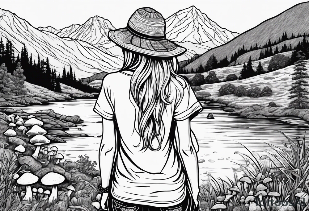 Straight long blonde hair hippie girl in distance holding mushrooms in hand facing away toward mountains and creek surrounded by mushrooms tee shirt and hiking pants tattoo idea