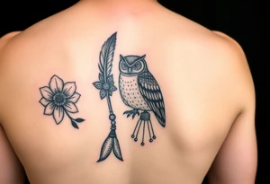 Flower, feather, Mardi Gras beads and a owl 
Sleeve tattoo idea