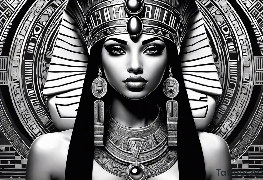 Egyptian figure girl. The figure should be full, featuring a regal headdress and detailed facial markings reminiscent of ancient Egyptian art. Include mystical and symbolic elements such as the Eye of Horus and ankh, blending subtly with geometric background patterns. 
Hyperrealism tattoo idea
