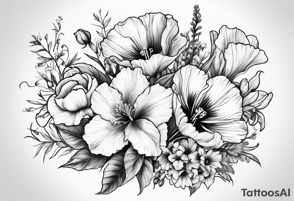 Single flower bouquet with 1 Violet, 1 Daffodil, 1 Gladiolus, 1 Poppy, 1 Cosmos tattoo idea