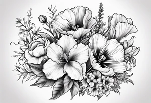 Single flower bouquet with 1 Violet, 1 Daffodil, 1 Gladiolus, 1 Poppy, 1 Cosmos tattoo idea