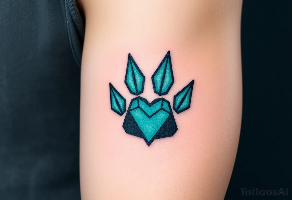 A geometric-style paw composed of sharp angular lines in shades of black and dark teal, creating a modern, edgy look with heart tattoo idea