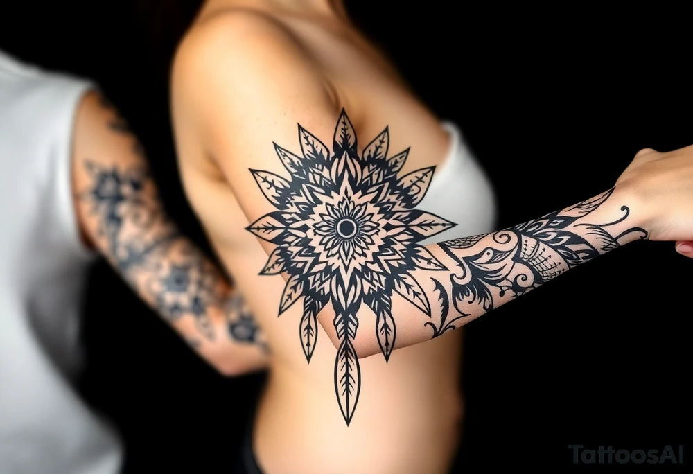 spiritual feather indian mandala shaman tattoo idea