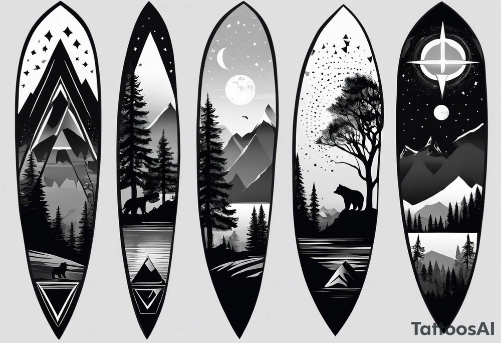 Full sleeve tattoo in black and white colore. The design should include space, stars, forest, sunset, mountains, cliffs, waterfall, water, ocean, wild animals (bear, wolves, elephant), and inserts of triangles and geometric figures. I have two children – a son, Sergei (the eldest), and a daughter, Anna, who live with me and my wife. But I also have another daughter, Marianna, whom I haven't seen for a long time and eagerly await to meet. The tattoo should symbolize love and protection for my children and family, the desire to secure their future, and confidence in tomorrow. It should reflect the notion of not looking back, but always moving forward and achieving goals! tattoo idea