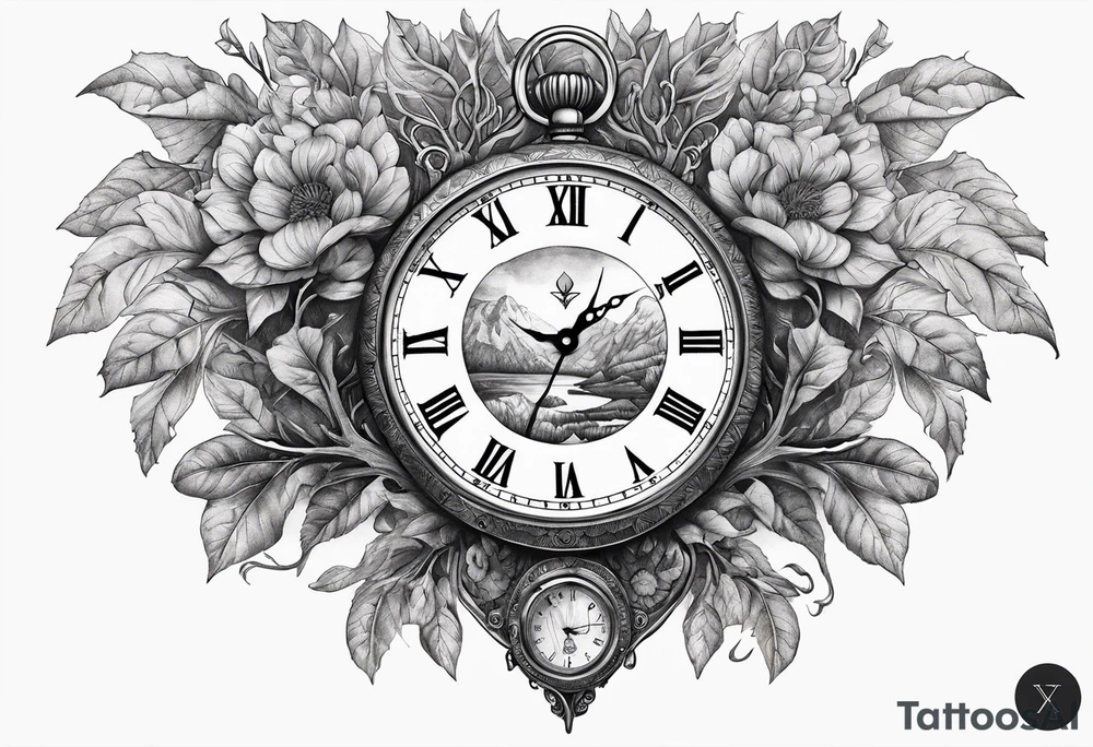 Yggdrasil with an old watch face. Half the watch face is broken. tattoo idea
