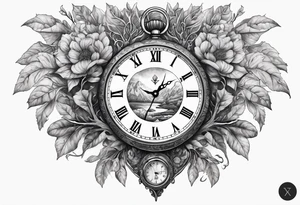 Yggdrasil with an old watch face. Half the watch face is broken. tattoo idea