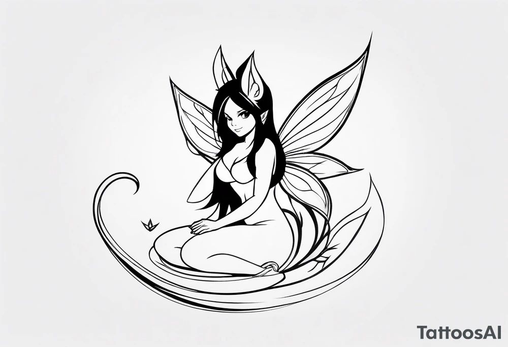 A fairy with a tail inspired by the logo of the show called Fairy Tail in a fetal position leaning in tattoo idea