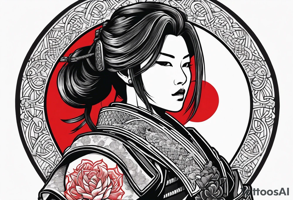 3 female samurai in body armor wielding swords back facing, in front of a red incomplete circle tattoo idea