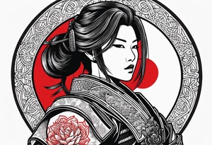 3 female samurai in body armor wielding swords back facing, in front of a red incomplete circle tattoo idea