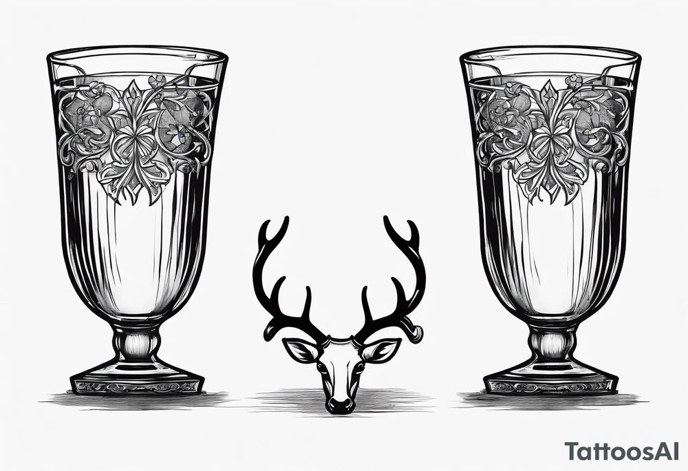 two glasses cheersing, one glass has a shamrock on it, the others a set of antlers tattoo idea