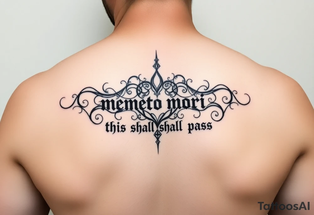 Can you please design a tattoo of an ambigram combining the phrase “memento mori” and “this shall pass” tattoo idea