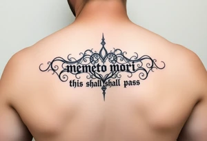 Can you please design a tattoo of an ambigram combining the phrase “memento mori” and “this shall pass” tattoo idea