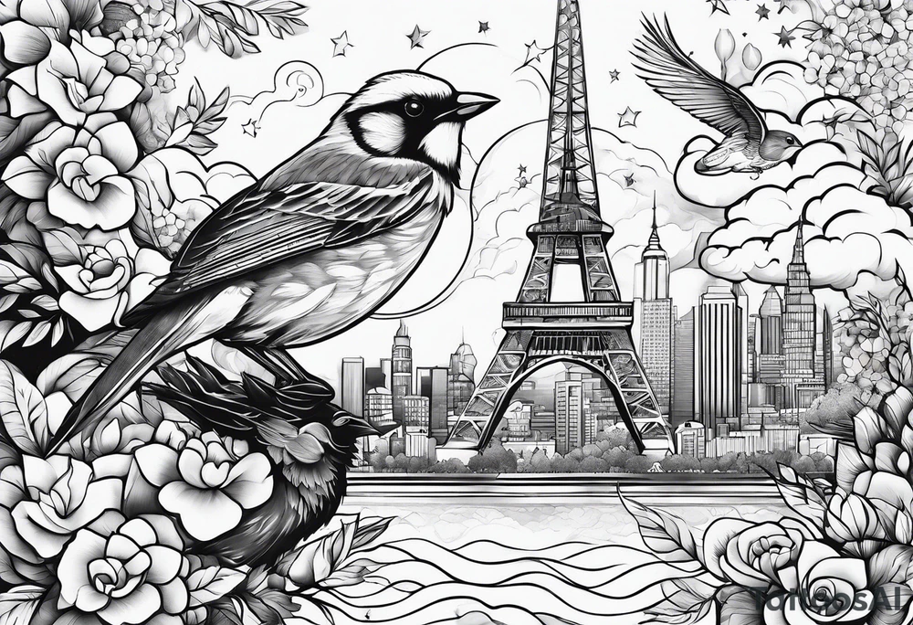 stars, clouds, birds, city tattoo idea