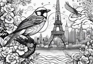 stars, clouds, birds, city tattoo idea
