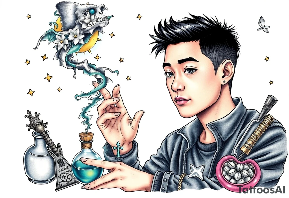 Handsome Asian young adult guy is  accidentally stumbled upon witch tools, supplies, artifacts, potions and exploring it curiously tattoo idea