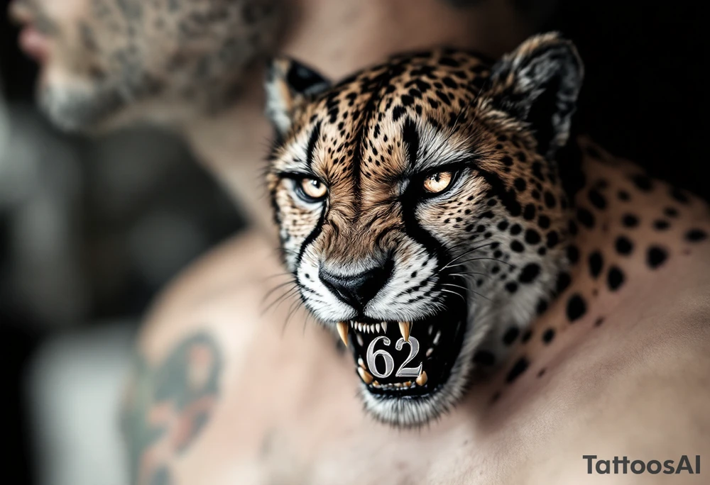 angry cheetah with the number 62 in its mouth tattoo idea