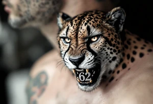 angry cheetah with the number 62 in its mouth tattoo idea