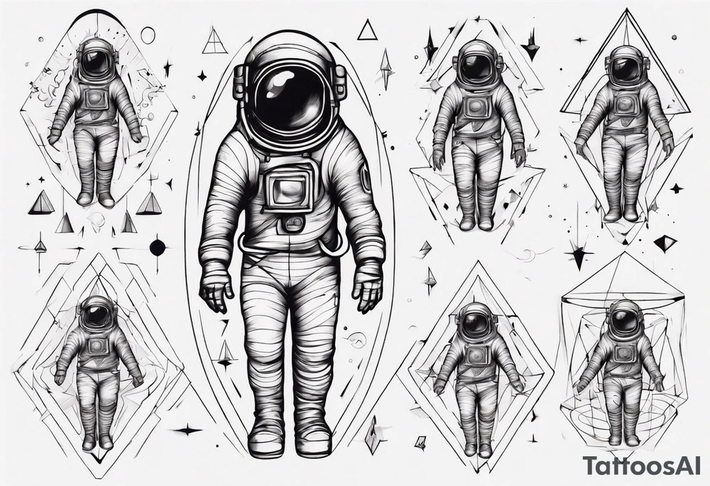 Astronaut floating around geometric lines and shapes tattoo idea