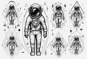 Astronaut floating around geometric lines and shapes tattoo idea
