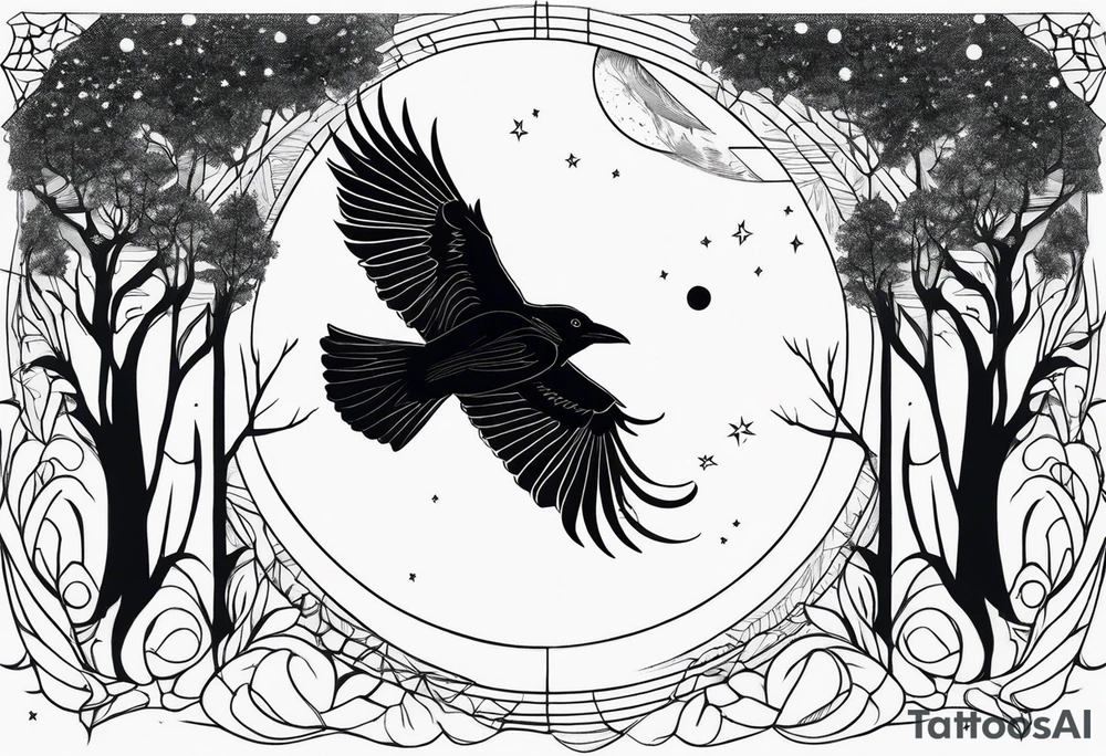Raven in flight, upsidedown, knowing, light behind its eyes, ethereal, moon stars and trees in the background tattoo idea