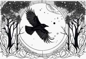 Raven in flight, upsidedown, knowing, light behind its eyes, ethereal, moon stars and trees in the background tattoo idea