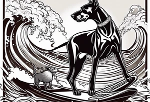 doberman smoking a cigar on a surfboard with a goat with larger horns tattoo idea