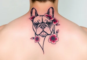 French bulldog, feminine ruby color flowers tattoo idea