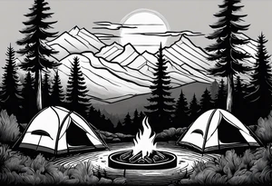 Campground with onr small tent and small fire pit with smoke pillowing out of it. three large pine trees being the focus in the background. tattoo idea